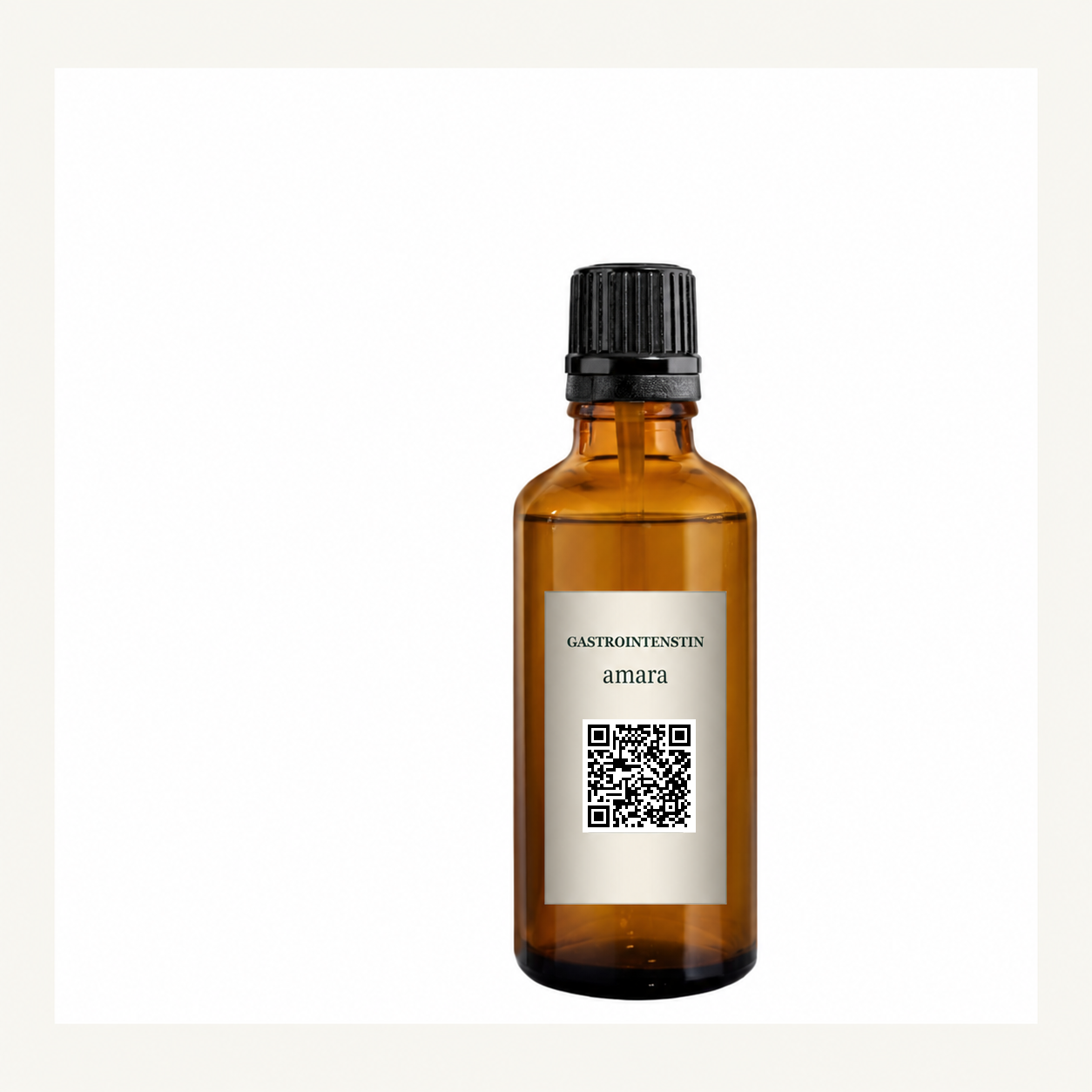 Naplněná lahvička Gastrointestin amara s minimalistickou etiketou a QR kódem